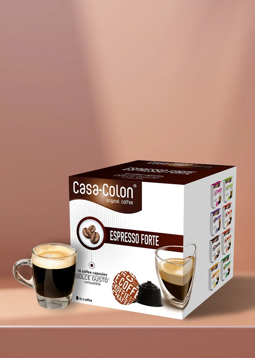 Imaginez : une boîte de capsules Café Casa Colon Espresso Forte, parfaitement compatibles avec votre machine Dolce Gusto, trône sur votre plan de travail. À côté, une tasse en verre remplie d'un expresso riche et aromatique vous invite à prendre cette première gorgée délicieuse. Le plaisir n'est qu'à une capsule de distance ! | Flaronis.lu