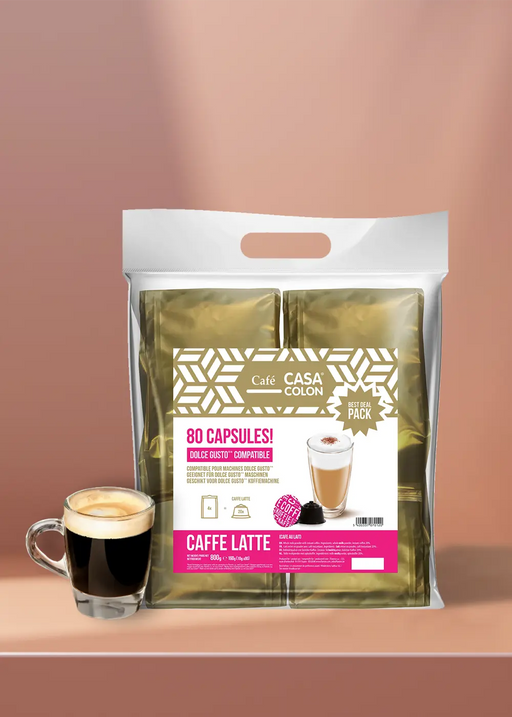 Profitez de l'expérience café ultime avec nos 80 capsules Casa Colon Caffe Latte, parfaitement compatibles avec les machines Dolce Gusto. Offrez-vous un verre magnifiquement conçu de café au lait riche et crémeux – c'est comme si vous aviez un café dans votre propre maison ! | Flaronis.lu