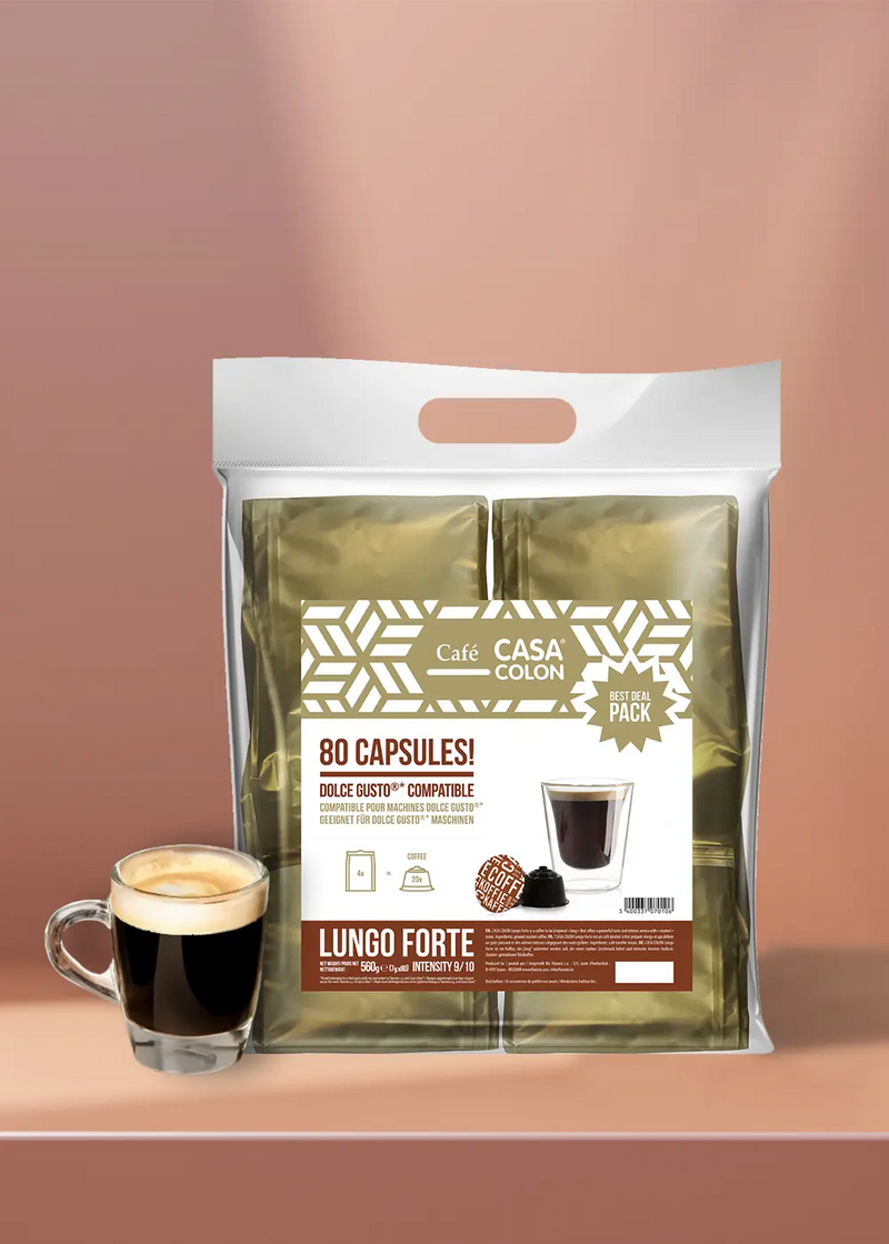 Profitez d'une riche expérience de café avec Casa Colon Lungo Forte ! Ce pack comprend 80 capsules de café, parfaitement compatibles avec les machines Dolce Gusto. Laissez l'arôme invitant remplir votre maison pendant que vous préparez une tasse fraîche dans la tasse en verre incluse. Le fond chaleureux met en valeur le moment agréable et satisfaisant que chaque tasse apporte. Offrez-vous une saveur exceptionnelle - à chaque fois ! | Flaronis.lu