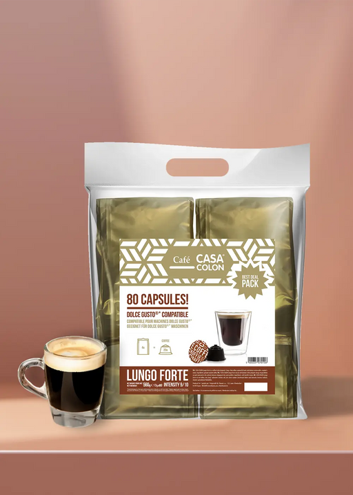 Profitez d'une riche expérience de café avec Casa Colon Lungo Forte ! Ce pack comprend 80 capsules de café, parfaitement compatibles avec les machines Dolce Gusto. Laissez l'arôme invitant remplir votre maison pendant que vous préparez une tasse fraîche dans la tasse en verre incluse. Le fond chaleureux met en valeur le moment agréable et satisfaisant que chaque tasse apporte. Offrez-vous une saveur exceptionnelle - à chaque fois ! | Flaronis.lu