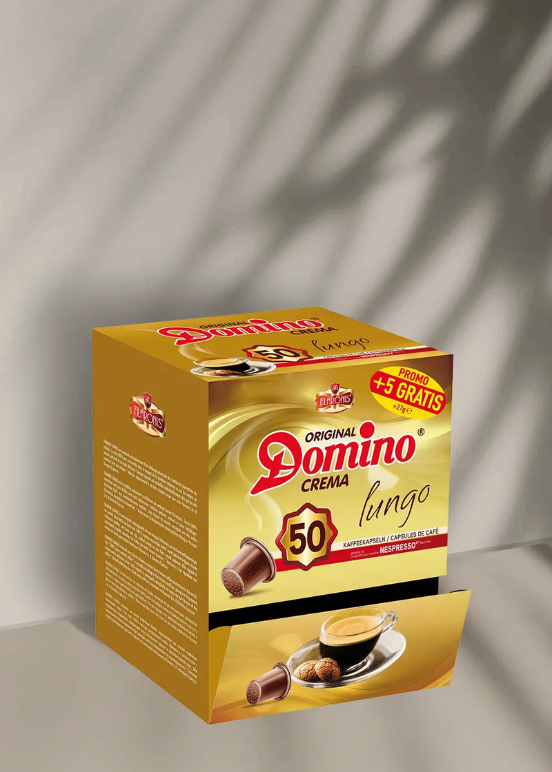 Capsules de café premium « Domino Crema Lungo », spécialement conçues pour les machines Nespresso.
