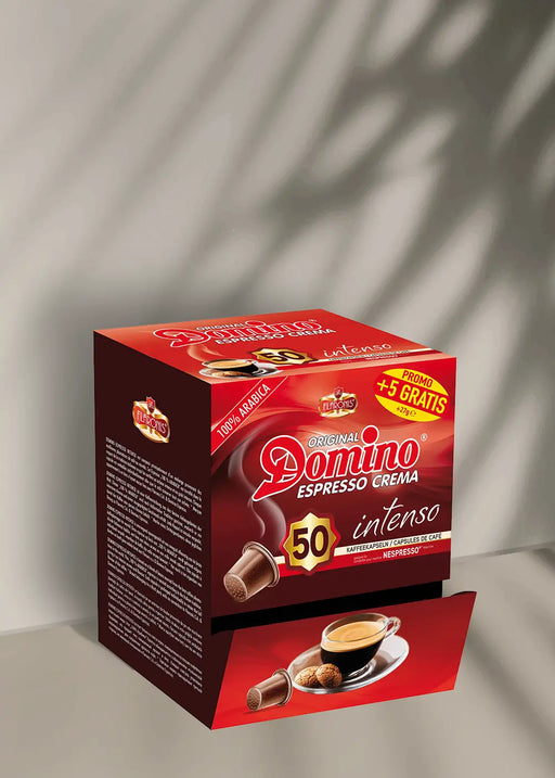 Coffret rouge vif de dosettes de café Dominio Espresso Crema Intenso !