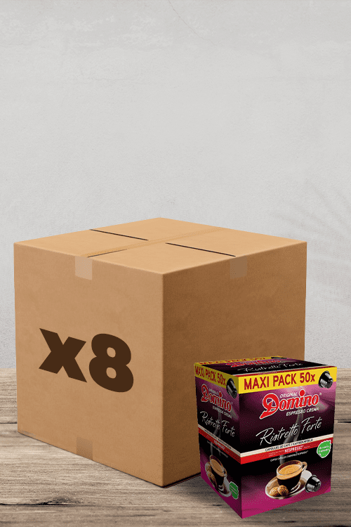 Une grande boîte étiquetée « x8 » se trouve juste à côté d'une plus petite boîte de dosettes de café Don Jerez Redrato Forte, idéale pour tous ceux qui aiment la saveur riche et audacieuse des capsules Nespresso Ristretto. | Flaronis.lu
