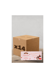 Une boîte en carton marron étiquetée "x14" se trouve derrière un paquet de biscuits au chocolat Baileys fourrés à la fraise et à la crème (107 g), joliment présentés sur une table en bois - parfaits pour rehausser votre prochaine pause-café. | Flaronis.lu