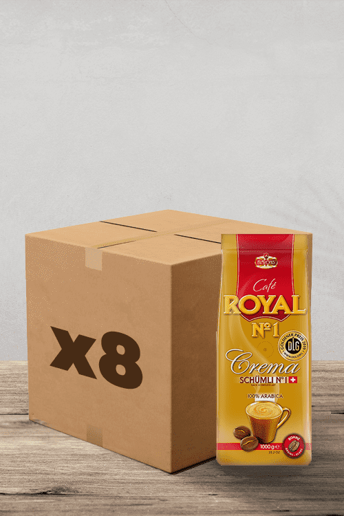 Une boîte en carton marron marquée "x8" côtoie un sachet jaune et rouge vif de Café en Grains 100% Arabica Royal N°1 Crema Schümli Médaille Or - 1kg de grains de café, connu pour sa qualité exceptionnelle 100% Arabica. | Flaronis.lu
