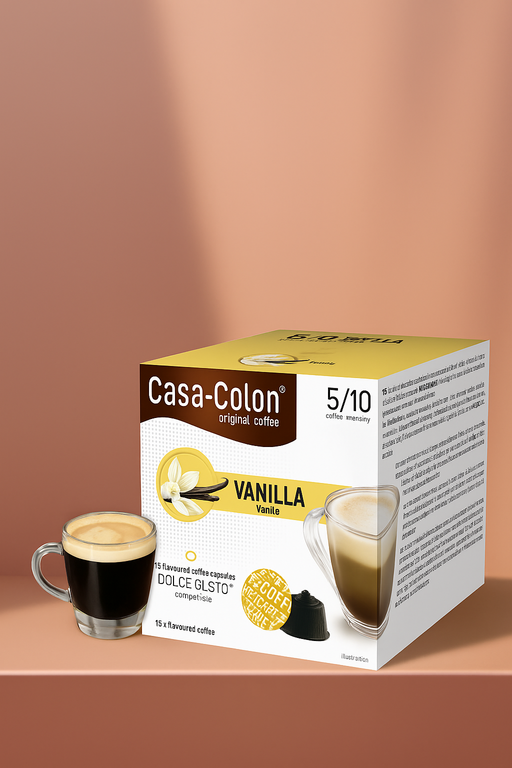 Une boîte de 16 capsules Café Casa Colon Vanille compatibles Dolce Gusto est posée à côté d'une tasse à expresso transparente. L'emballage élégant met en valeur les images alléchantes d'un café aromatique infusé à la vanille et met en valeur tous les détails du produit : idéal pour les amateurs de café en quête d'une saveur digne d'un café traditionnel, même à la maison. | Flaronis.lu