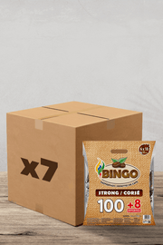 Une boîte brune étiquetée « x7 » se trouve à côté d'un paquet de dosettes Bingo Corsé Café, marqué « Strong / Corse », contenant 108 dosettes au total. | Flaronis.lu