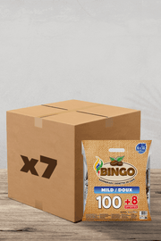 Un grand carton « x7 » se trouve juste à côté d'un paquet de dosettes de café Bingo Mild, deux indispensables de votre collection Pack Café préférée. Parfait pour alimenter votre passion du café ! | Flaronis.lu