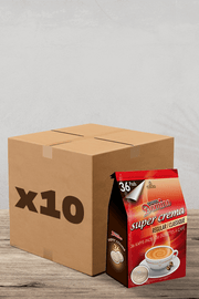 Nichée à côté d'un paquet de dosettes de café, vous trouverez une boîte en carton pratique étiquetée « x10 ». Cette sélection comprend le délicieux Domino Super Crema, offrant 36 dosettes de café riches et crémeuses au goût régulier/classique - parfaites pour les véritables amateurs de café. | Flaronis.lu