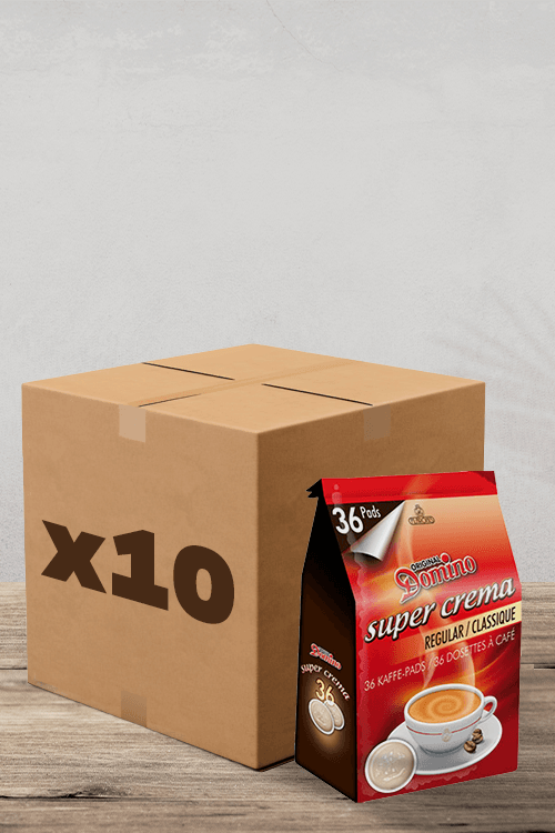 Nichée à côté d'un paquet de dosettes de café, vous trouverez une boîte en carton pratique étiquetée « x10 ». Cette sélection comprend le délicieux Domino Super Crema, offrant 36 dosettes de café riches et crémeuses au goût régulier/classique - parfaites pour les véritables amateurs de café. | Flaronis.lu