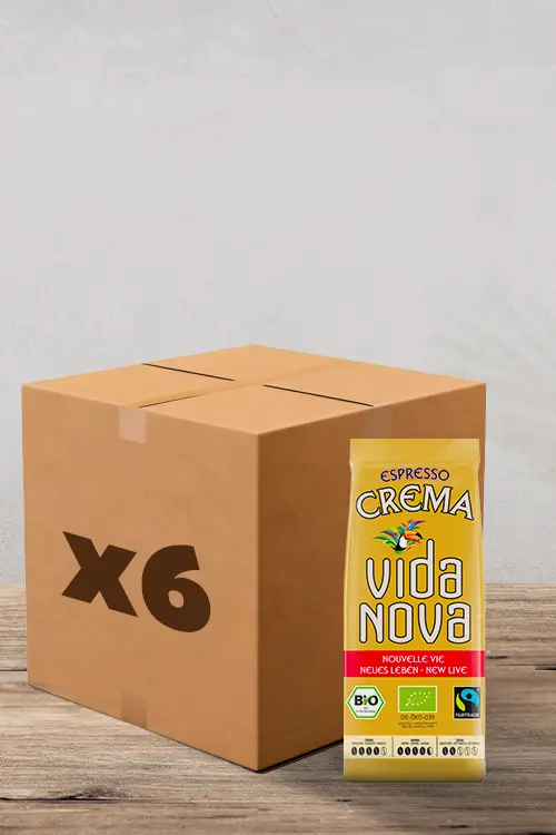 Sur une surface en bois, vous trouverez une boîte en carton étiquetée « x6 » à côté d'un paquet jaune vif de « Café en Grains Vida Nova Espresso Bio & Fairtrade - 1 kg ». Ce paquet arbore fièrement le logo Fairtrade, gage d'un café issu de sources éthiques. Idéal pour les amateurs de café qui apprécient la qualité et la durabilité, ce coffret vous invite à savourer de riches saveurs d'espresso à chaque infusion. | Flaronis.lu