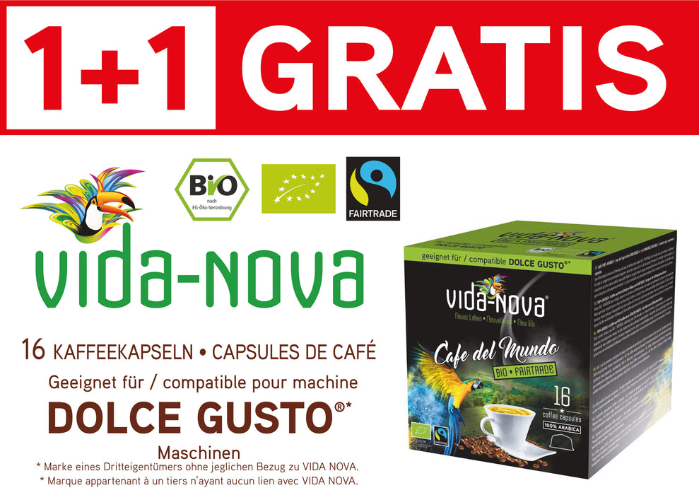 VIDA NOVA - CAPSULES DE CAFÉ COMPATIBLES DOLCE GUSTO® - CAFE DEL MUNDO - 100% ARABICA BIO & FAIRTRADE - 16 PCS